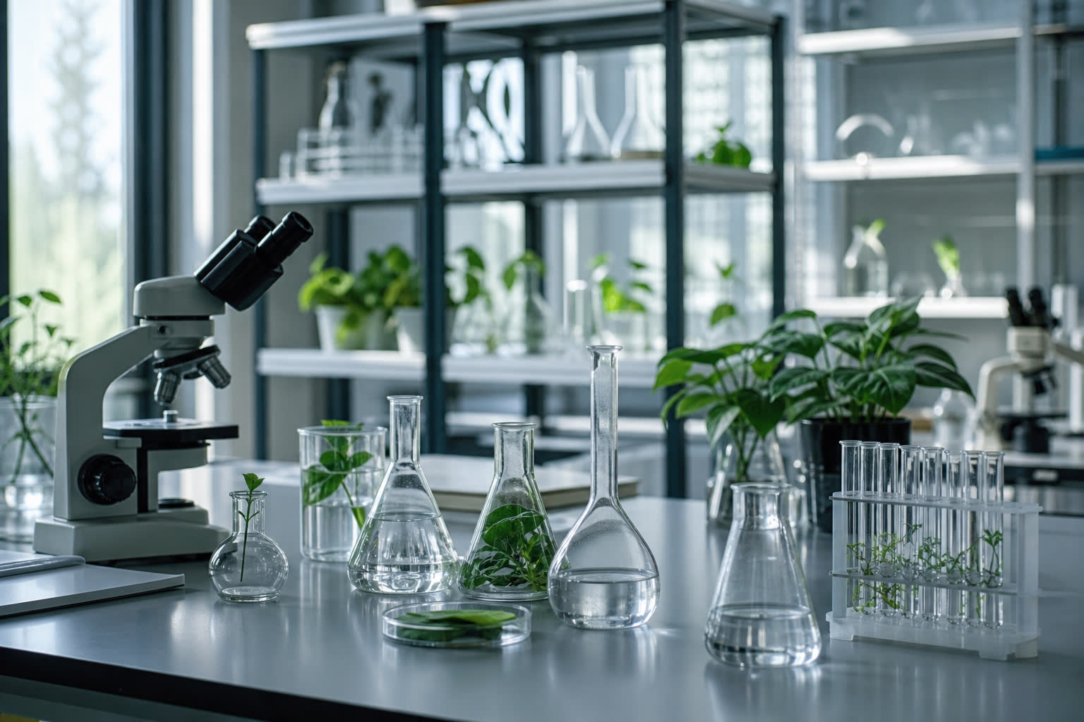 Laboratorio di biologia con microscopio e vetreria