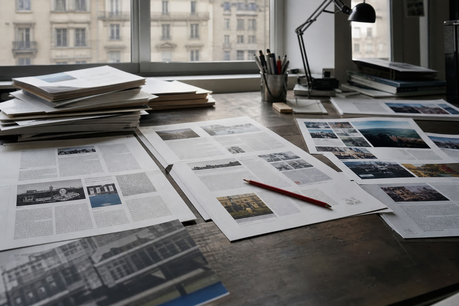 Tavolo di redazione con pagine stampate