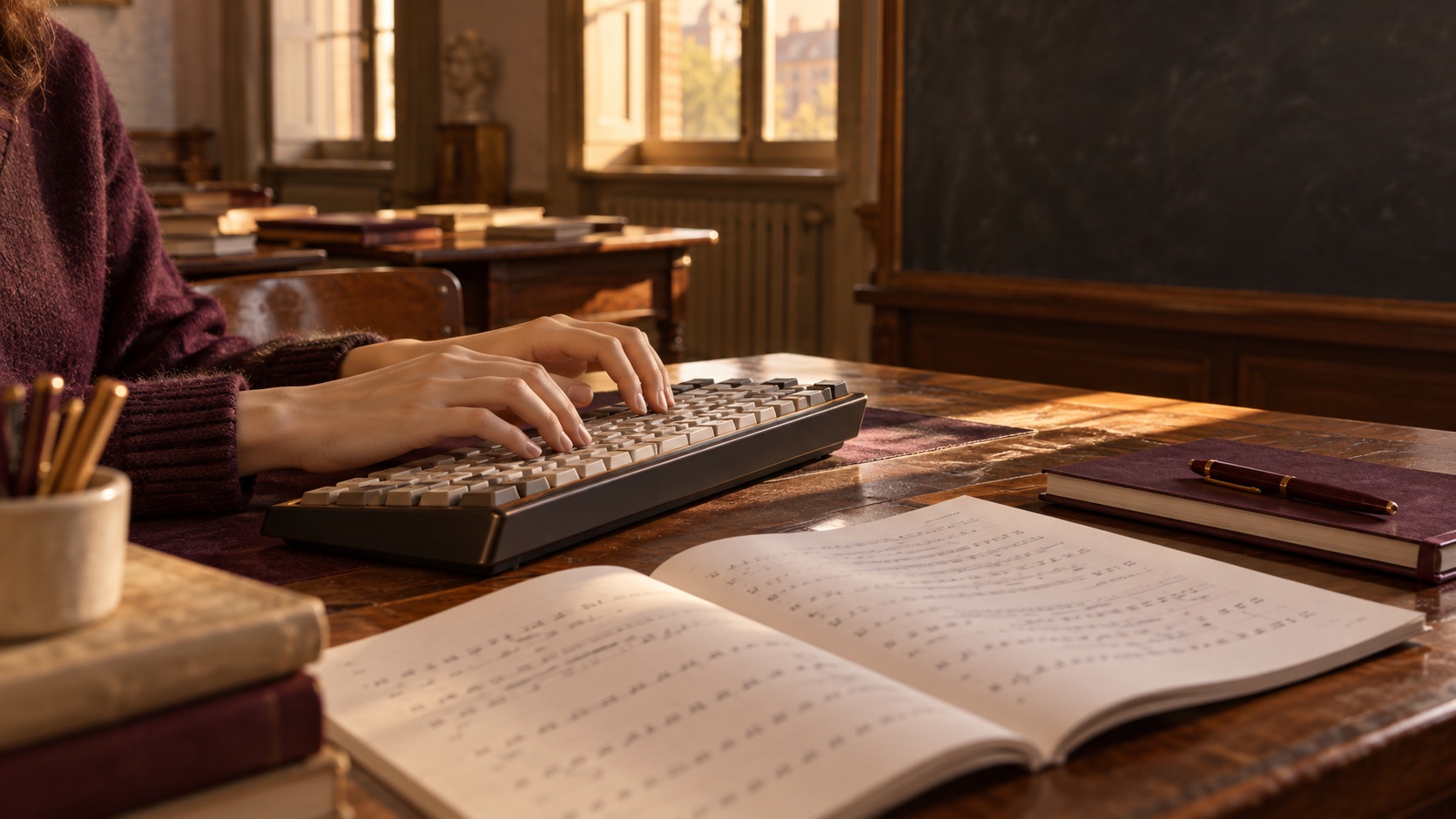 Esercitazione di dattilografia su tastiera in un'aula luminosa