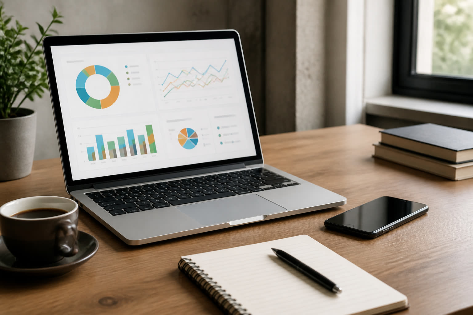 Postazione di lavoro digitale con laptop e smartphone