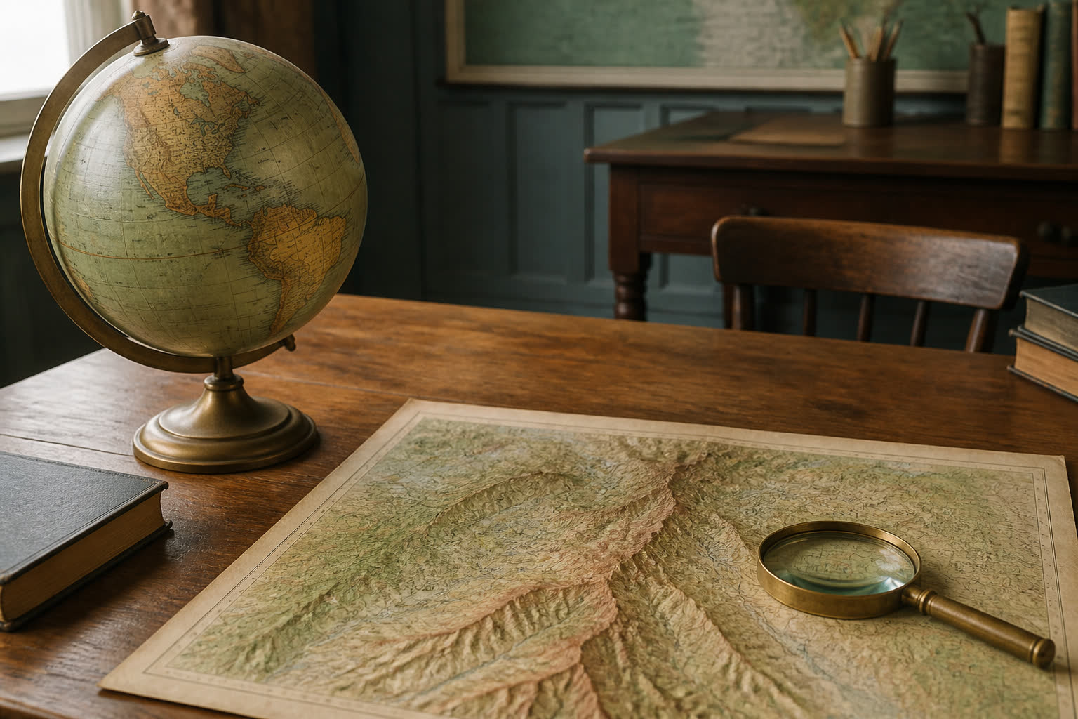 Mappamondo e carta geografica su un tavolo di studio