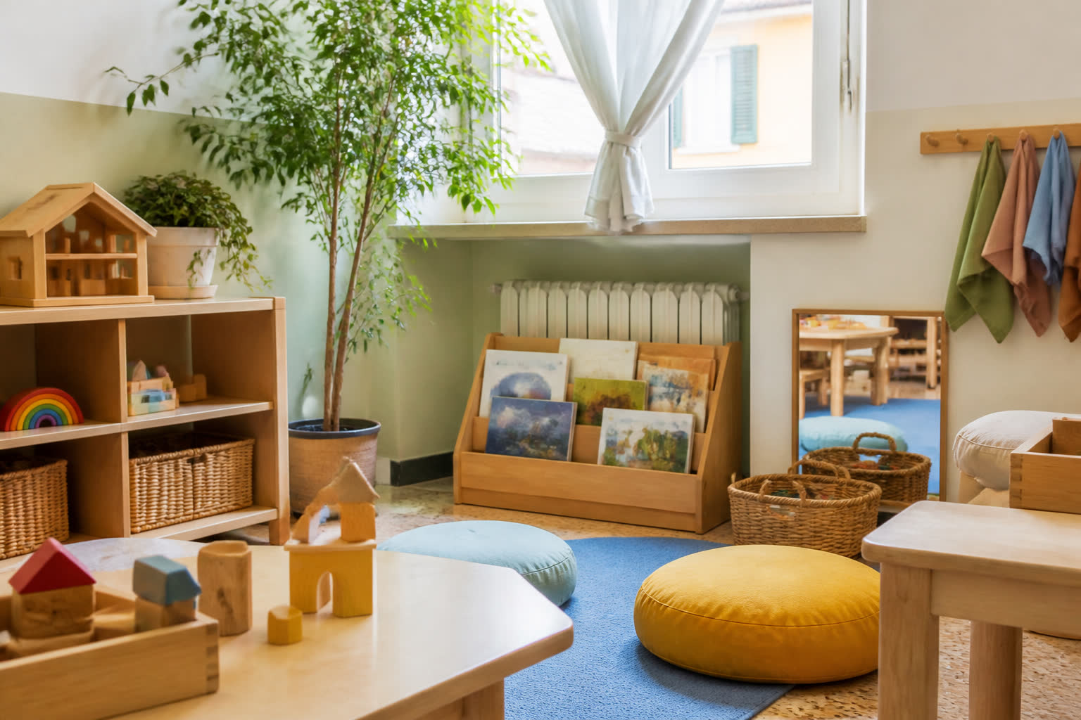 Angolo di una scuola dell'infanzia con giochi in legno