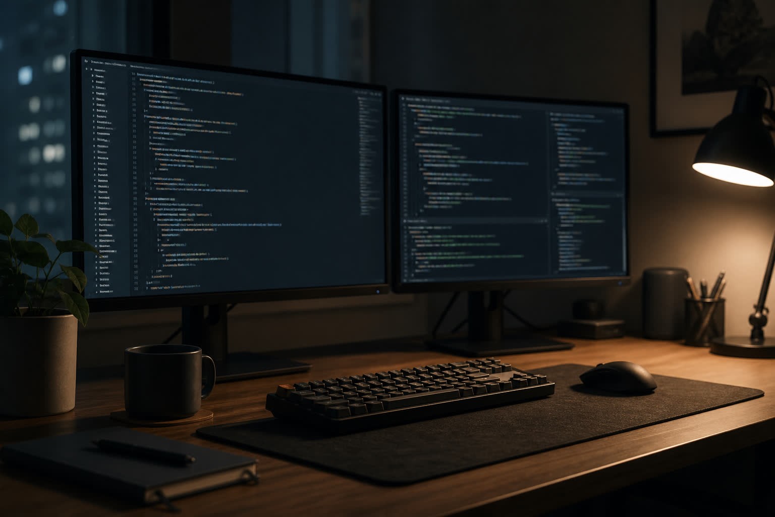 Scrivania di sviluppo software con monitor e tastiera