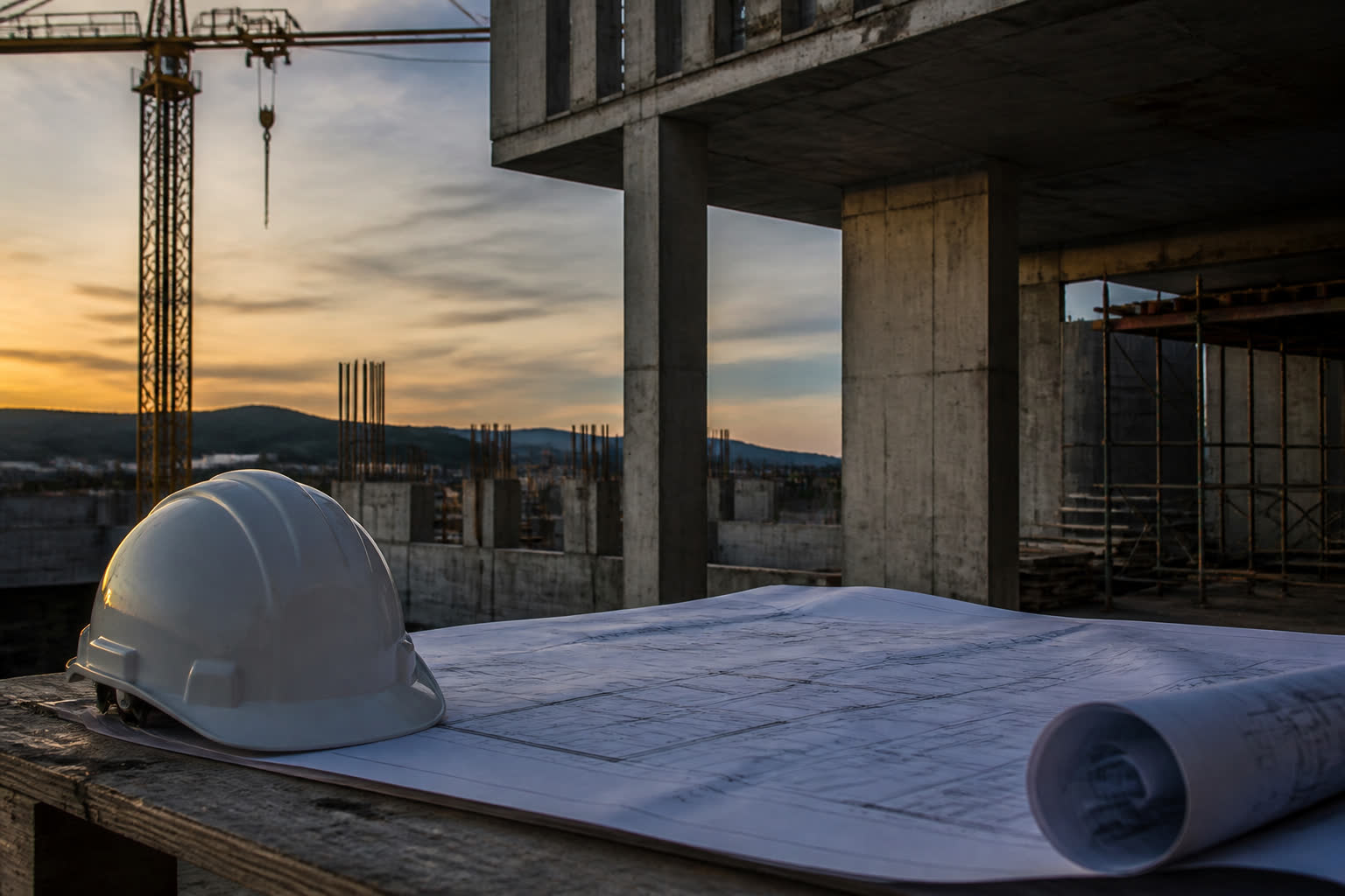 Cantiere e tavolo con elmetto e disegni tecnici