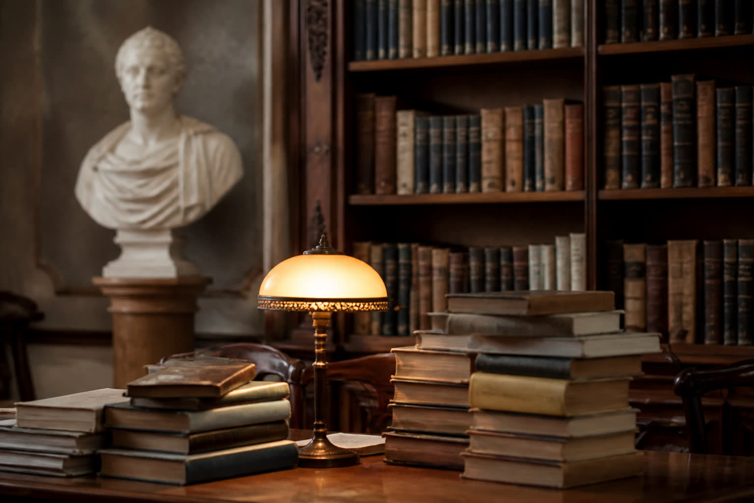 Sala di lettura umanistica con libri e lampada