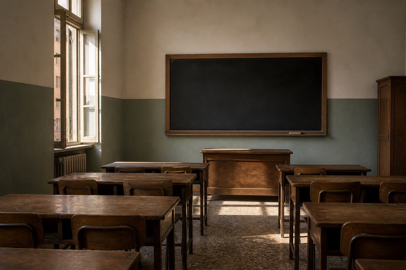 Aula scolastica vuota con banchi in legno