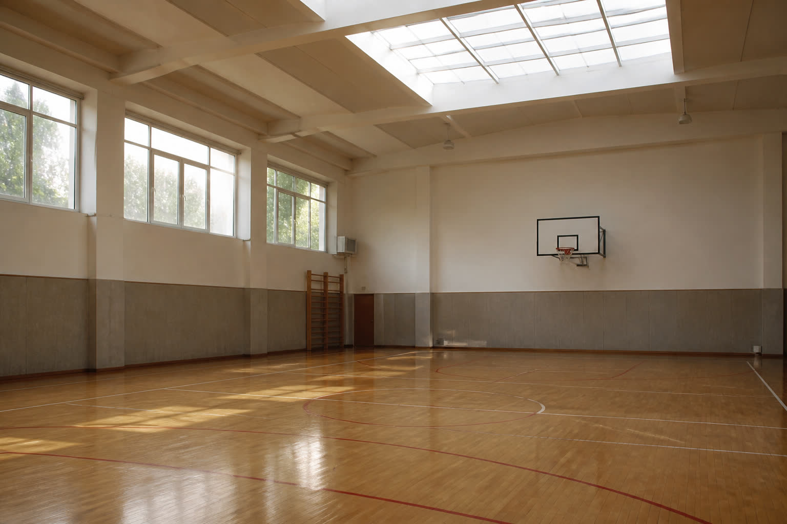 Palestra scolastica con parquet e canestro
