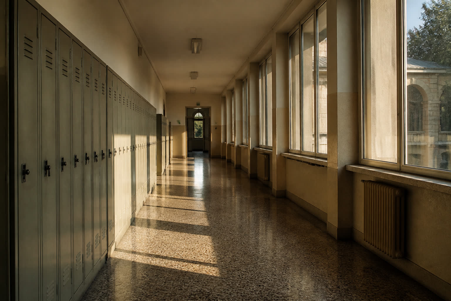 Corridoio di una scuola italiana in luce pomeridiana