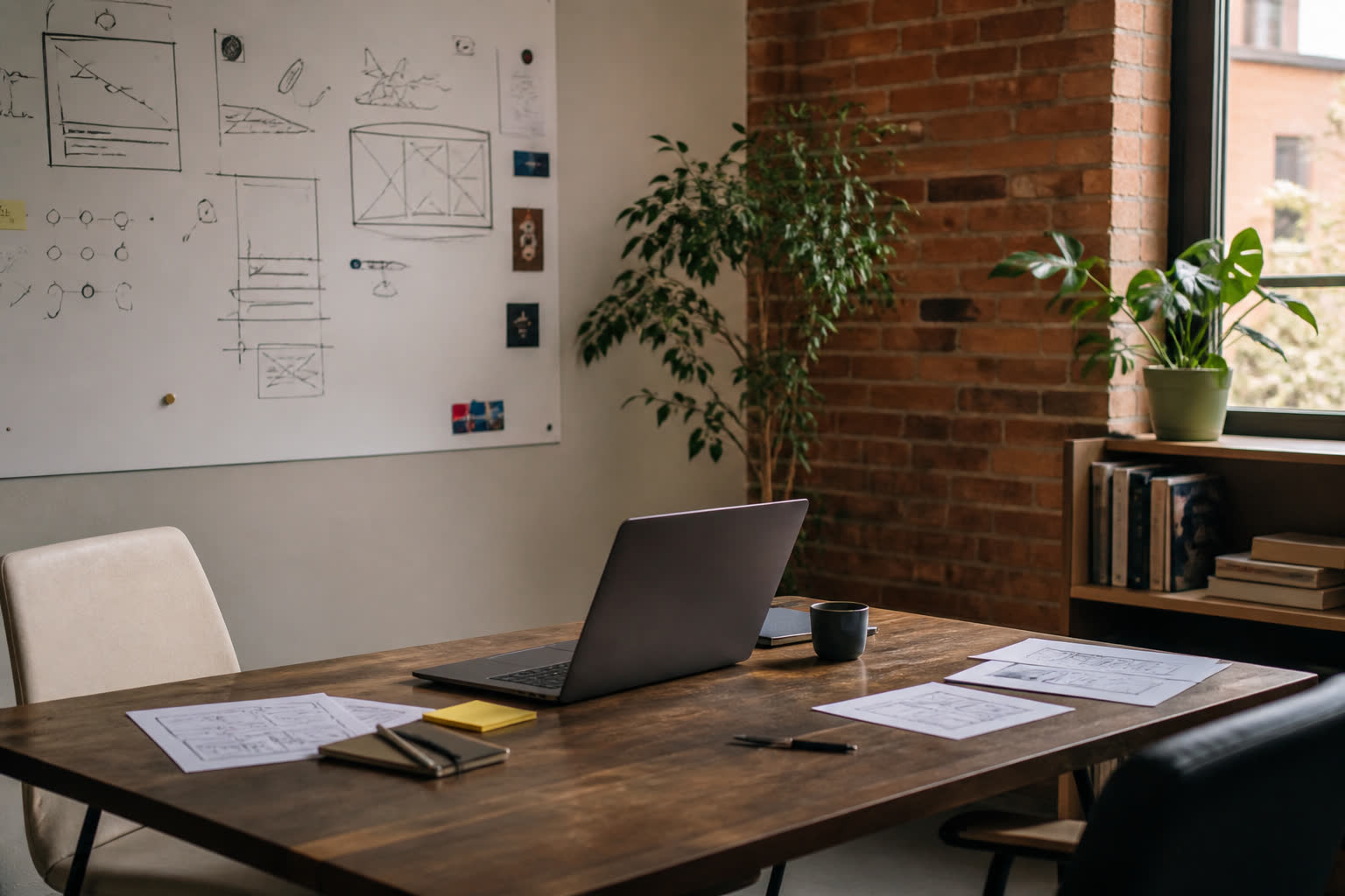 Studio di una start-up con laptop e lavagna