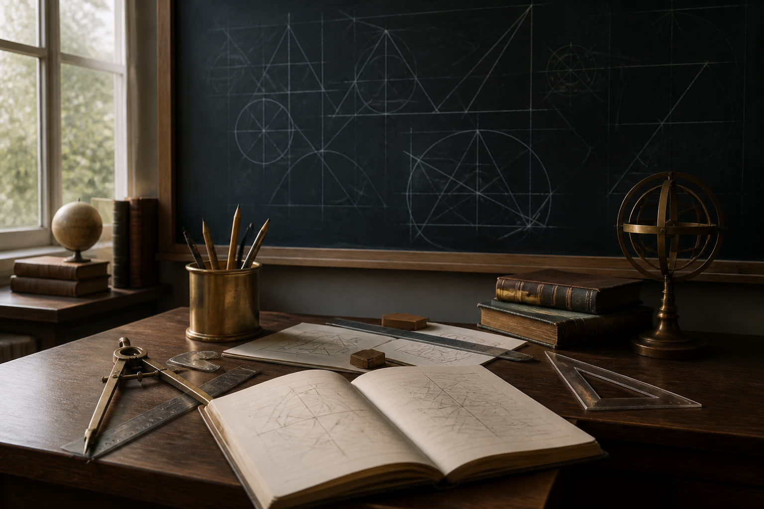 Tavolo di studio con strumenti di geometria e lavagna