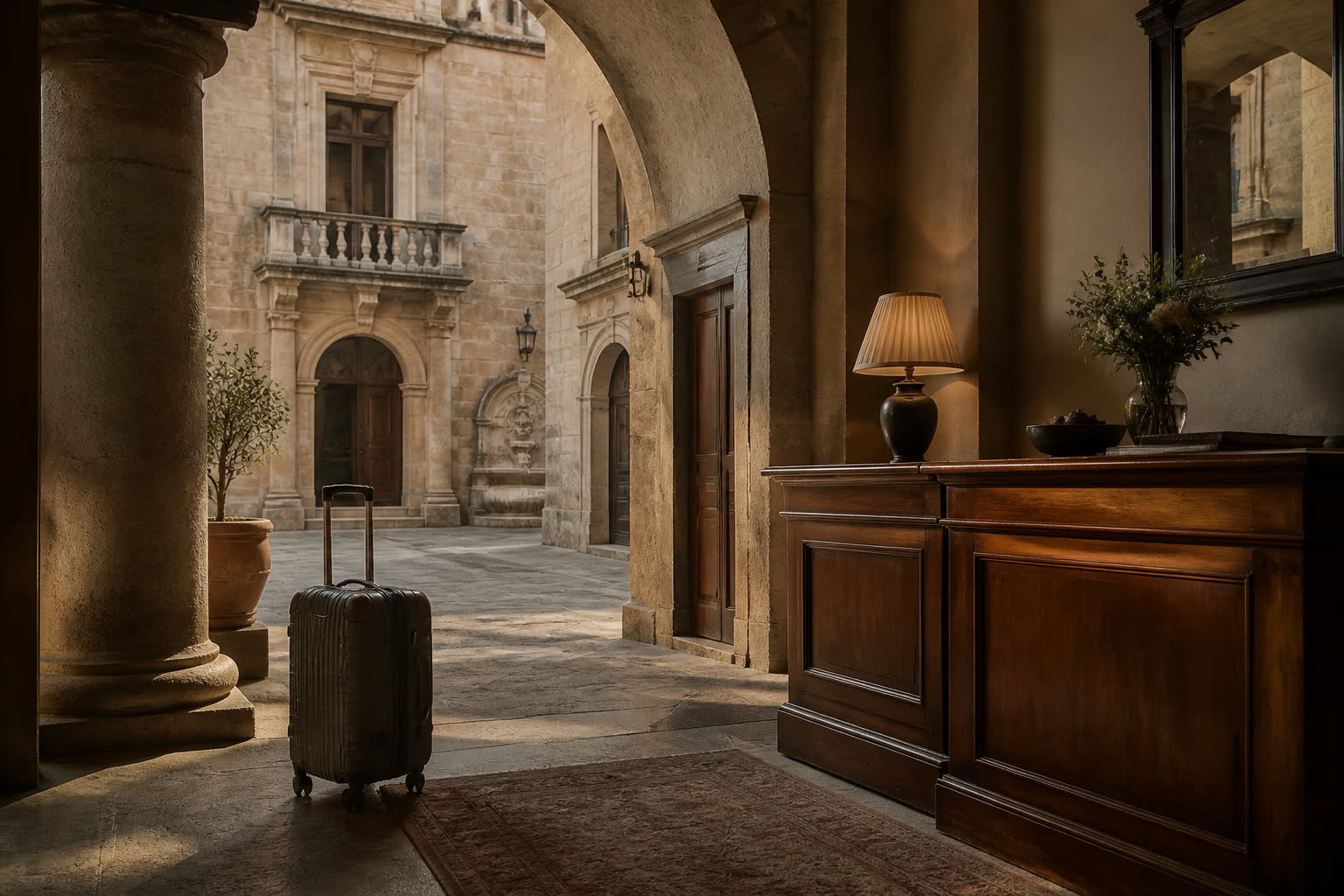 Lobby di un palazzo storico con valigia da viaggio